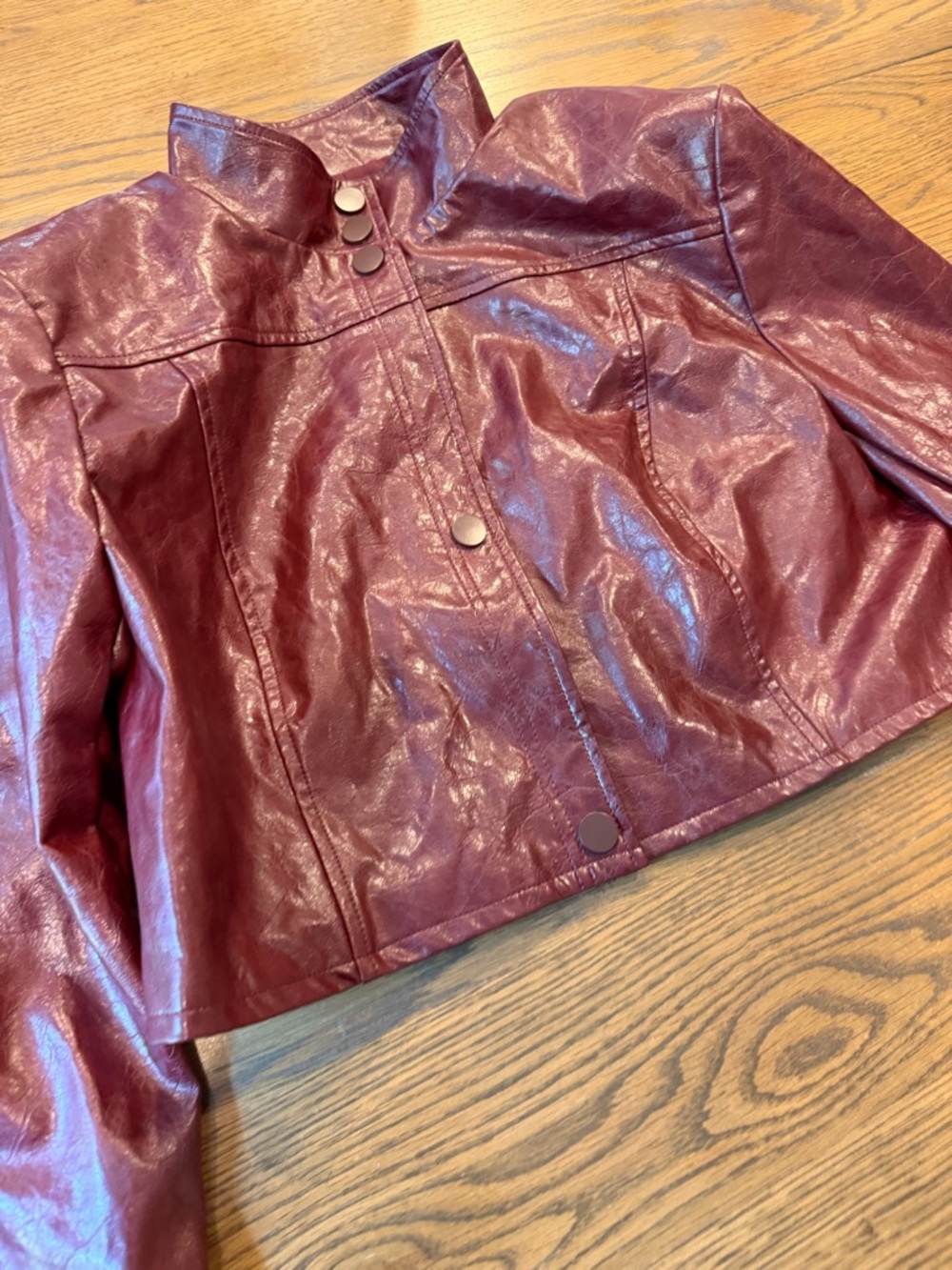 SHEIN Burgundy Cropped Faux Leather Jacket - Picture 6 of 7